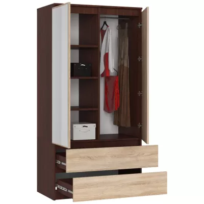 Kleiderschrank mit Schubladen und Spiegeln, 90 cm, LOTA – Wenge/Sonoma Eiche