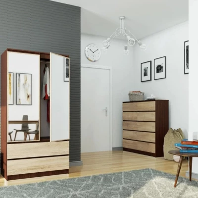 Kleiderschrank mit Schubladen und Spiegeln, 90 cm, LOTA – Wenge/Sonoma Eiche