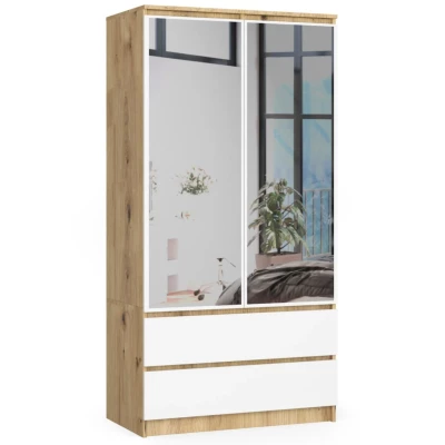 Kleiderschrank mit Schubladen und Spiegeln, 90 cm, LOTA – Artisan Eiche / weiß