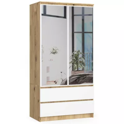 Kleiderschrank mit Schubladen und Spiegeln, 90 cm, LOTA – Artisan Eiche / weiß