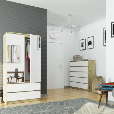 Kleiderschrank mit Schubladen und Spiegeln, 90 cm, LOTA – Artisan Eiche / weiß