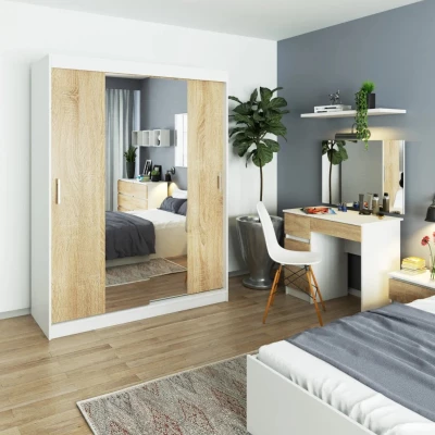 Geräumiger Kleiderschrank 150 cm VALESTRA mit Spiegeln – weiß/sonoma Eiche