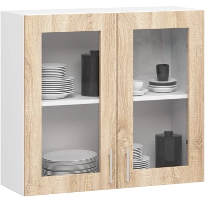 Oberschrank mit zwei Türen, Glas, TRIVORA – Breite 80 cm, weiß/Sonoma Eiche