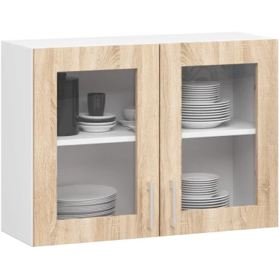TRIVORA Glas-Oberschrank – Breite 80 cm, Weiß/Sonoma Eiche