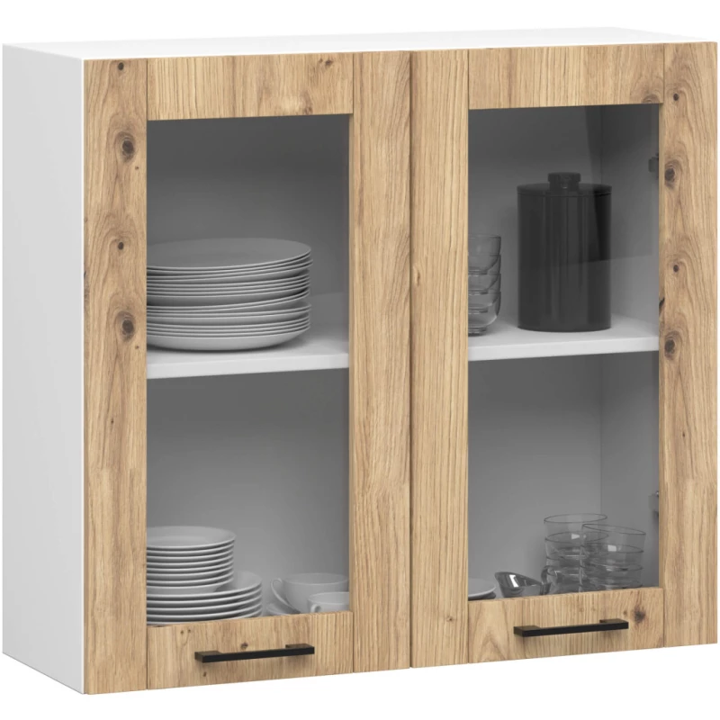 Oberschrank mit Glasfront, 80 cm, VERMINA – Weiß/Artisan Eiche