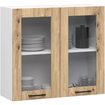 Oberschrank mit Glasfront, 80 cm, VERMINA – Weiß/Artisan Eiche