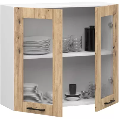 Oberschrank mit Glasfront, 80 cm, VERMINA – Weiß/Artisan Eiche