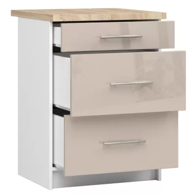 Küchenschrank mit Schubladen, 60 cm, Vermina – Weiß/Cappuccino glänzend