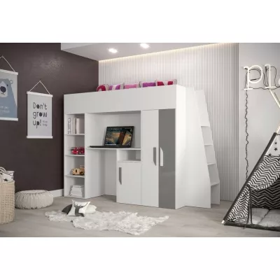 Hochbett mit Schreibtisch und Stauraum Ida – weiß / grau