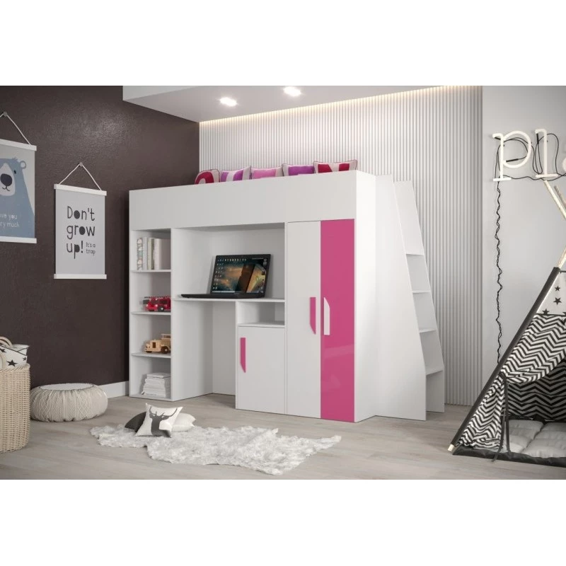 Hochbett mit Schreibtisch und Stauraum Ida – weiß / rosa