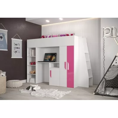 Hochbett mit Schreibtisch und Stauraum Ida – weiß / rosa