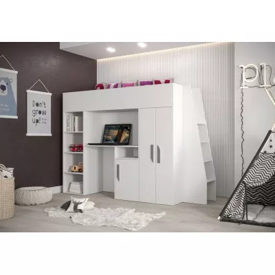 Hochbett mit Schreibtisch und Stauraum Ida – weiß / graue Griffe