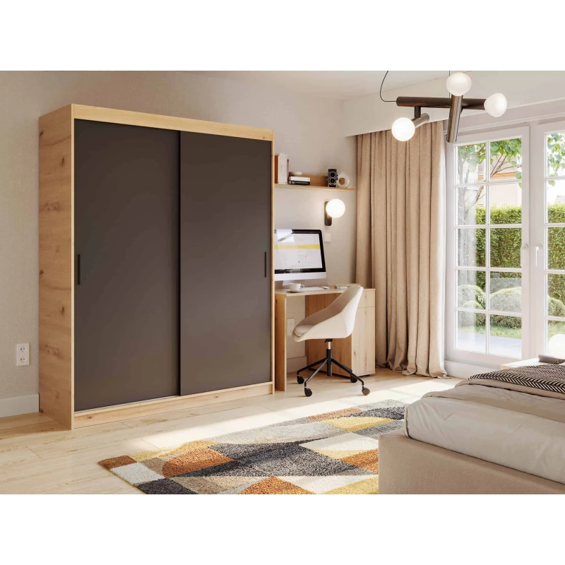 Kleiderschrank mit Schiebetüren 180 cm WARDIO - Eiche handwerklich / schwarz