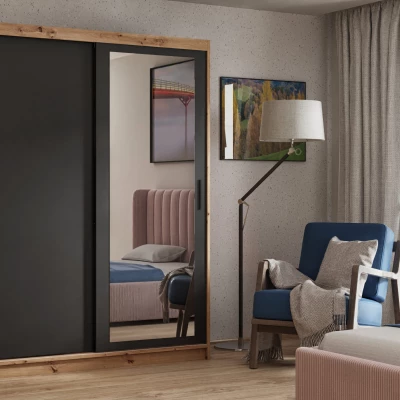 Zweitüriger Kleiderschrank mit Spiegel, 120 cm, SKRONA – Eiche handwerklich / Schwarz