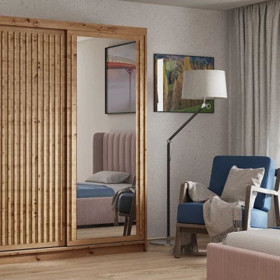 Kleiderschrank mit Lamellen und Spiegel 100 cm WARDERO - Eiche, handgefertigt