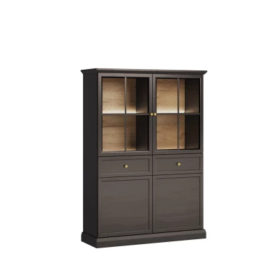 Viertürige Vitrine mit Glasteil LUCARA – schwarzbraun / Eichenholz