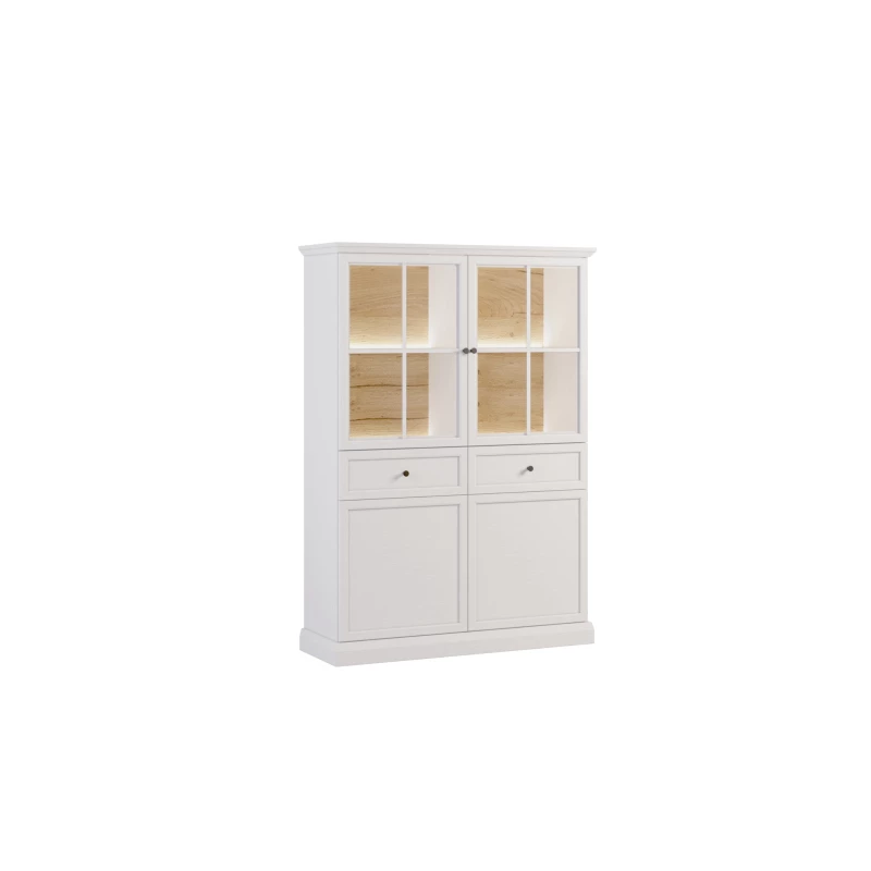 Viertürige Vitrine mit Glasteil LUCARA - weiß / Eiche