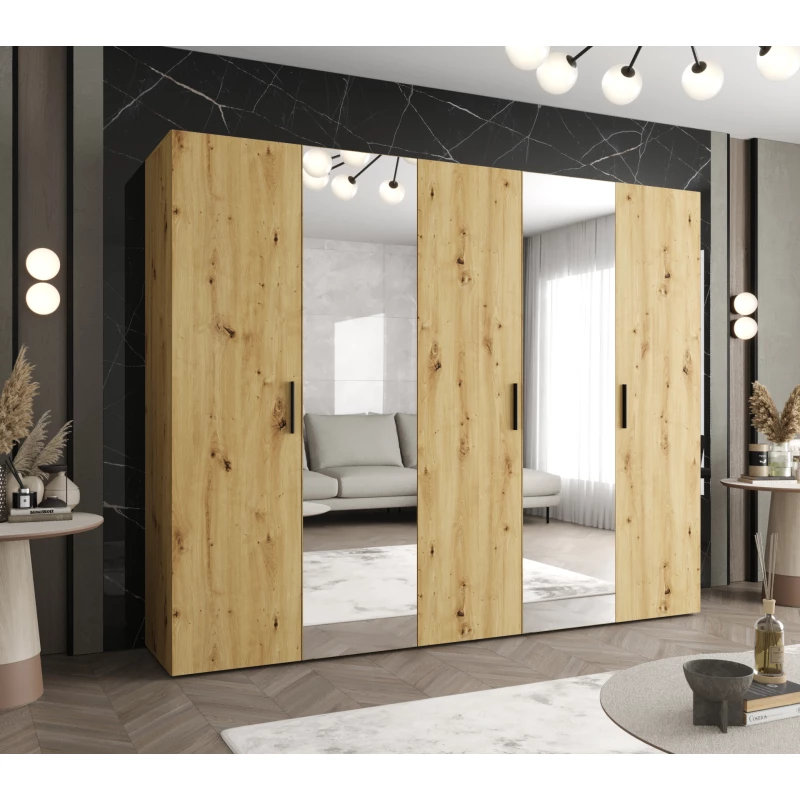 Kleiderschrank mit Spiegeln HELMA 2 250 cm - Eiche handwerklich gefertigt / schwarze Griffe
