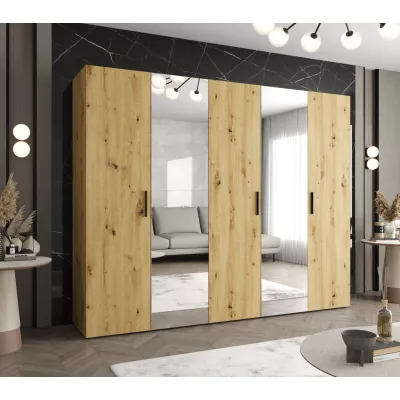Kleiderschrank mit Spiegeln HELMA 2 250 cm - Eiche handwerklich gefertigt / schwarze Griffe