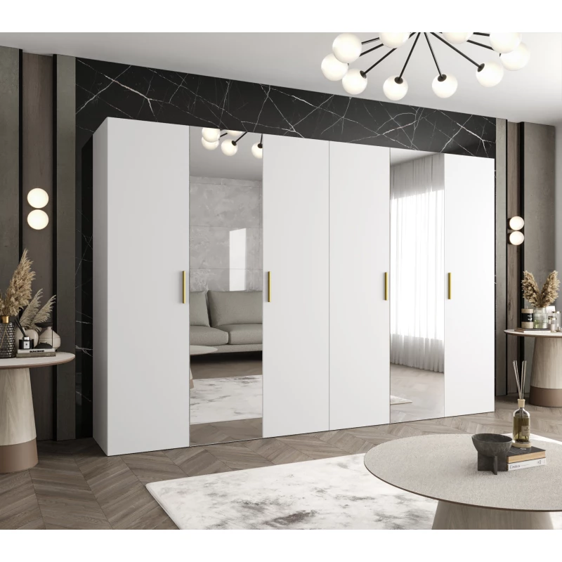 Kleiderschrank mit Spiegeln HELMA 2 300 cm - weiß / goldene Griffe