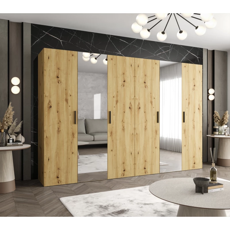 Kleiderschrank mit Spiegeln HELMA 2 300 cm - Eiche handwerklich gefertigt / schwarze Griffe