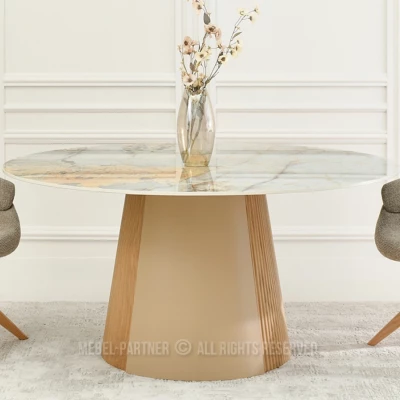 Runder Esstisch KAVINO – grauer Marmor / Eiche / Beige