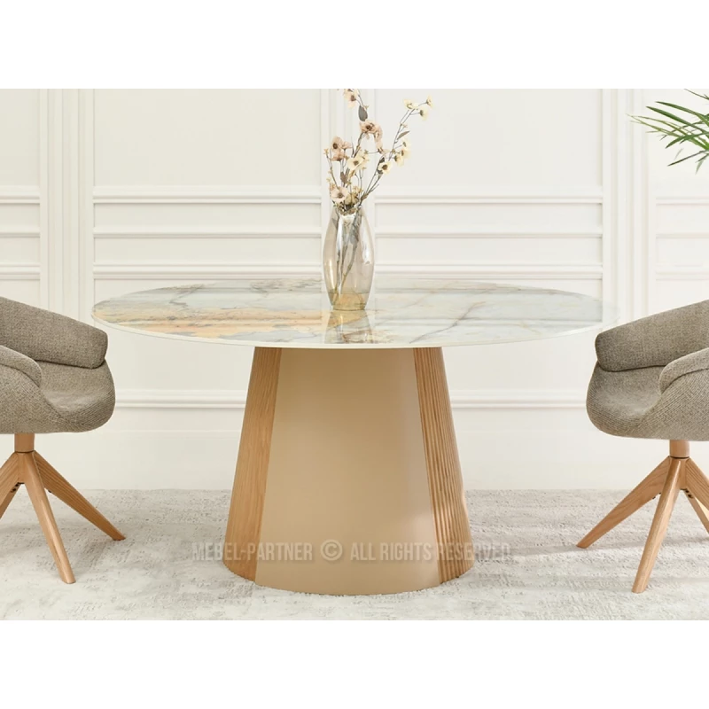 Runder Esstisch KAVINO – grauer Marmor / Eiche / Beige