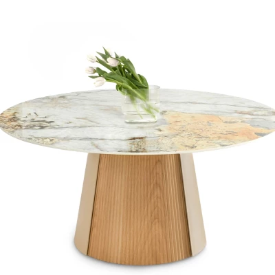 Runder Esstisch KAVINO – grauer Marmor / Eiche / Beige