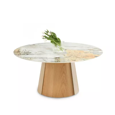 Runder Esstisch KAVINO – grauer Marmor / Eiche / Beige