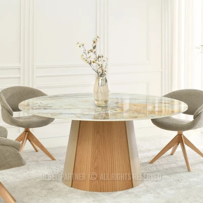 Runder Esstisch KAVINO – grauer Marmor / Eiche / Beige