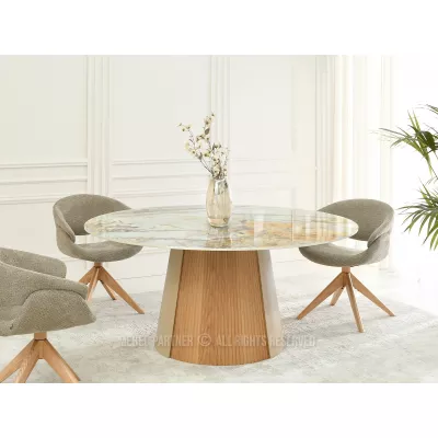 Runder Esstisch KAVINO – grauer Marmor / Eiche / Beige