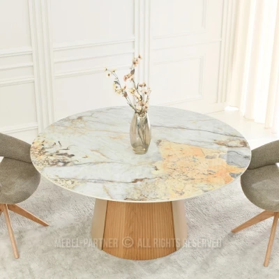 Runder Esstisch KAVINO – grauer Marmor / Eiche / Beige