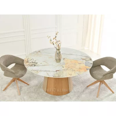 Runder Esstisch KAVINO – grauer Marmor / Eiche / Beige