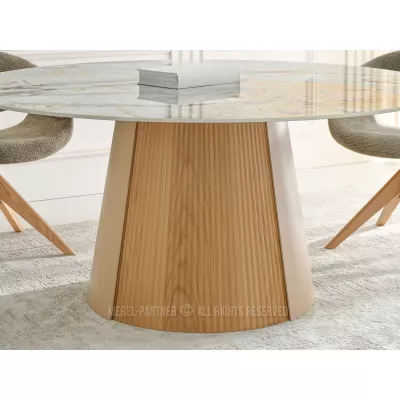 Runder Esstisch KAVINO – grauer Marmor / Eiche / Beige