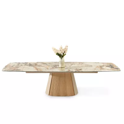 Ausziehbarer Designertisch 200(300)x98 PEREGRINE - beigefarbener Marmor / Eiche / beigefarben