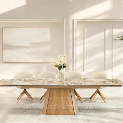Ausziehbarer Designertisch 200(300)x98 PEREGRINE - beigefarbener Marmor / Eiche / beigefarben