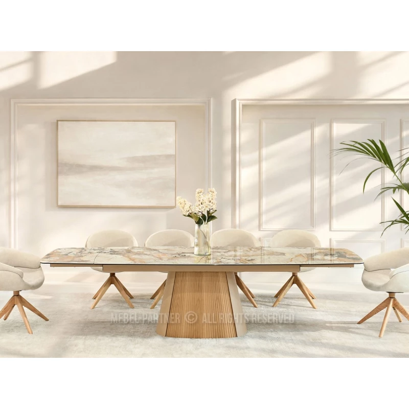 Ausziehbarer Designertisch 200(300)x98 PEREGRINE - beigefarbener Marmor / Eiche / beigefarben