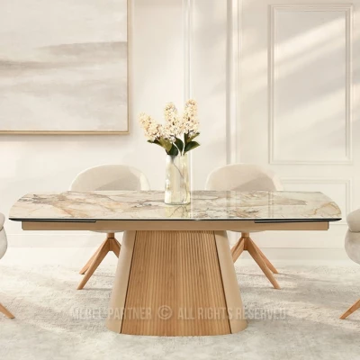 Ausziehbarer Designertisch 200(300)x98 PEREGRINE - beigefarbener Marmor / Eiche / beigefarben