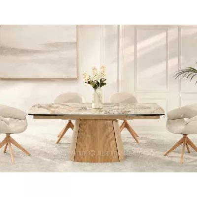 Ausziehbarer Designertisch 200(300)x98 PEREGRINE - beigefarbener Marmor / Eiche / beigefarben
