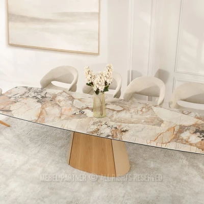 Ausziehbarer Designertisch 200(300)x98 PEREGRINE - beigefarbener Marmor / Eiche / beigefarben