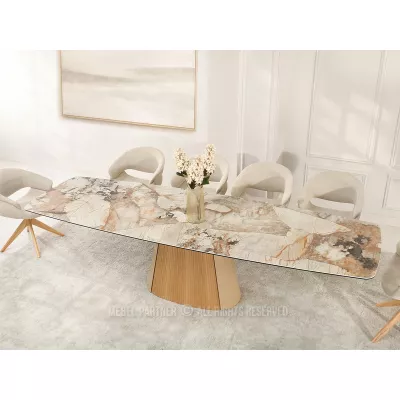 Ausziehbarer Designertisch 200(300)x98 PEREGRINE - beigefarbener Marmor / Eiche / beigefarben