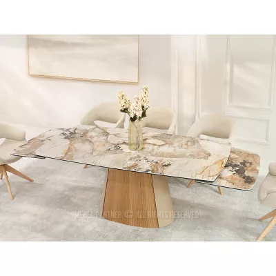 Ausziehbarer Designertisch 200(300)x98 PEREGRINE - beigefarbener Marmor / Eiche / beigefarben