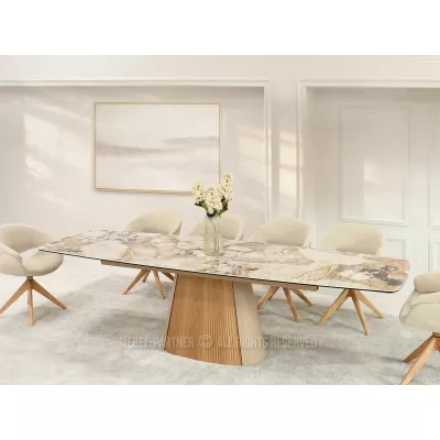 Ausziehbarer Designertisch 200(300)x98 PEREGRINE - beigefarbener Marmor / Eiche / beigefarben