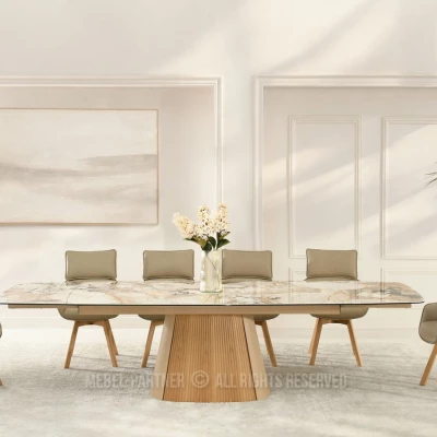Ausziehbarer Designertisch 200(300)x98 PEREGRINE - beigefarbener Marmor / Eiche / beigefarben