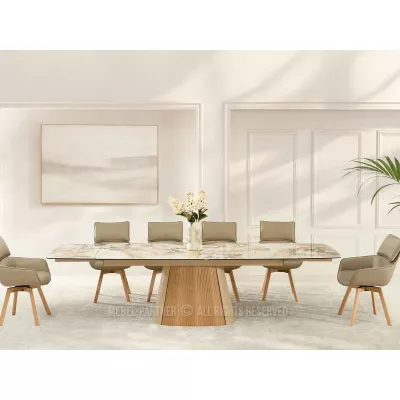 Ausziehbarer Designertisch 200(300)x98 PEREGRINE - beigefarbener Marmor / Eiche / beigefarben