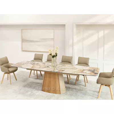 Ausziehbarer Designertisch 200(300)x98 PEREGRINE - beigefarbener Marmor / Eiche / beigefarben
