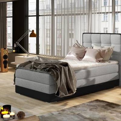 Einzelbett (kontinental) 90x200 VIRELLO - hellgrau/schwarzes Kunstleder, linke Ausführung