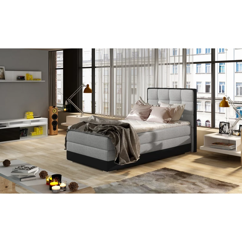 Einzelbett (kontinental) 90x200 VIRELLO - hellgrau/schwarzes Kunstleder, linke Ausführung