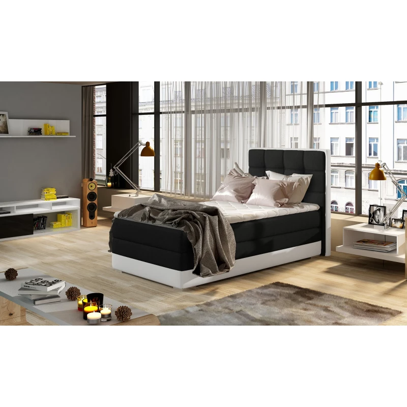 Einzelbett (kontinental) 90x200 VIRELLO - schwarz/weißes Öko-Leder, linke Ausführung