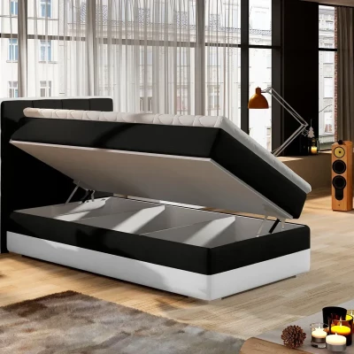 Einzelbett (kontinental) 90x200 VIRELLO - schwarz/weißes Öko-Leder, linke Ausführung